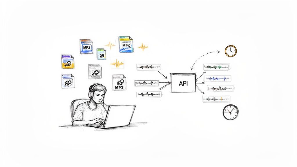 A sketch shows a person using a laptop, processing MP3 audio files through an API to generate waveforms.