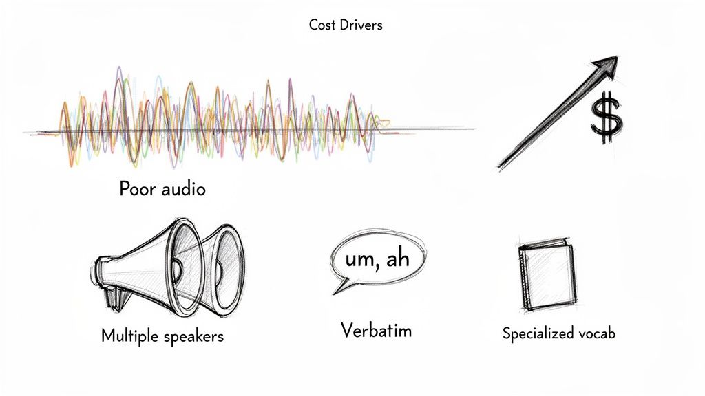 An image illustrating cost drivers for transcription services, including poor audio, multiple speakers, verbatim, and specialized vocabulary.