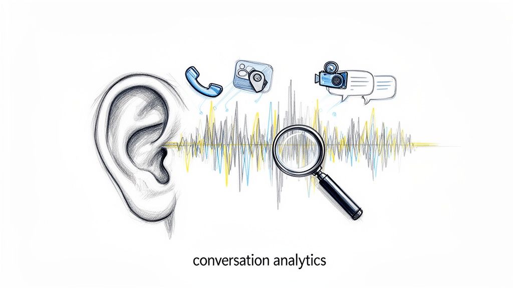Ear, sound waves, phone, chat, video icons, and magnifying glass illustrating conversation analytics.