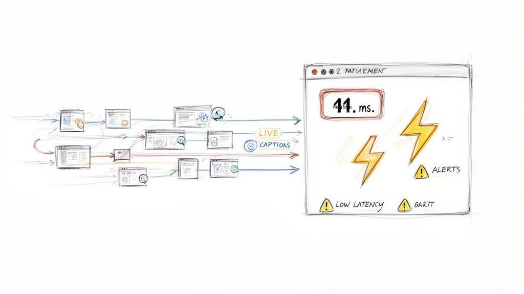 A sketch comparing complex data flow with a real-time monitoring dashboard showing 44ms latency.