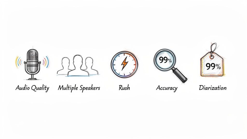 Icons representing transcription service features: audio quality, multiple speakers, rush, accuracy, and diarization.