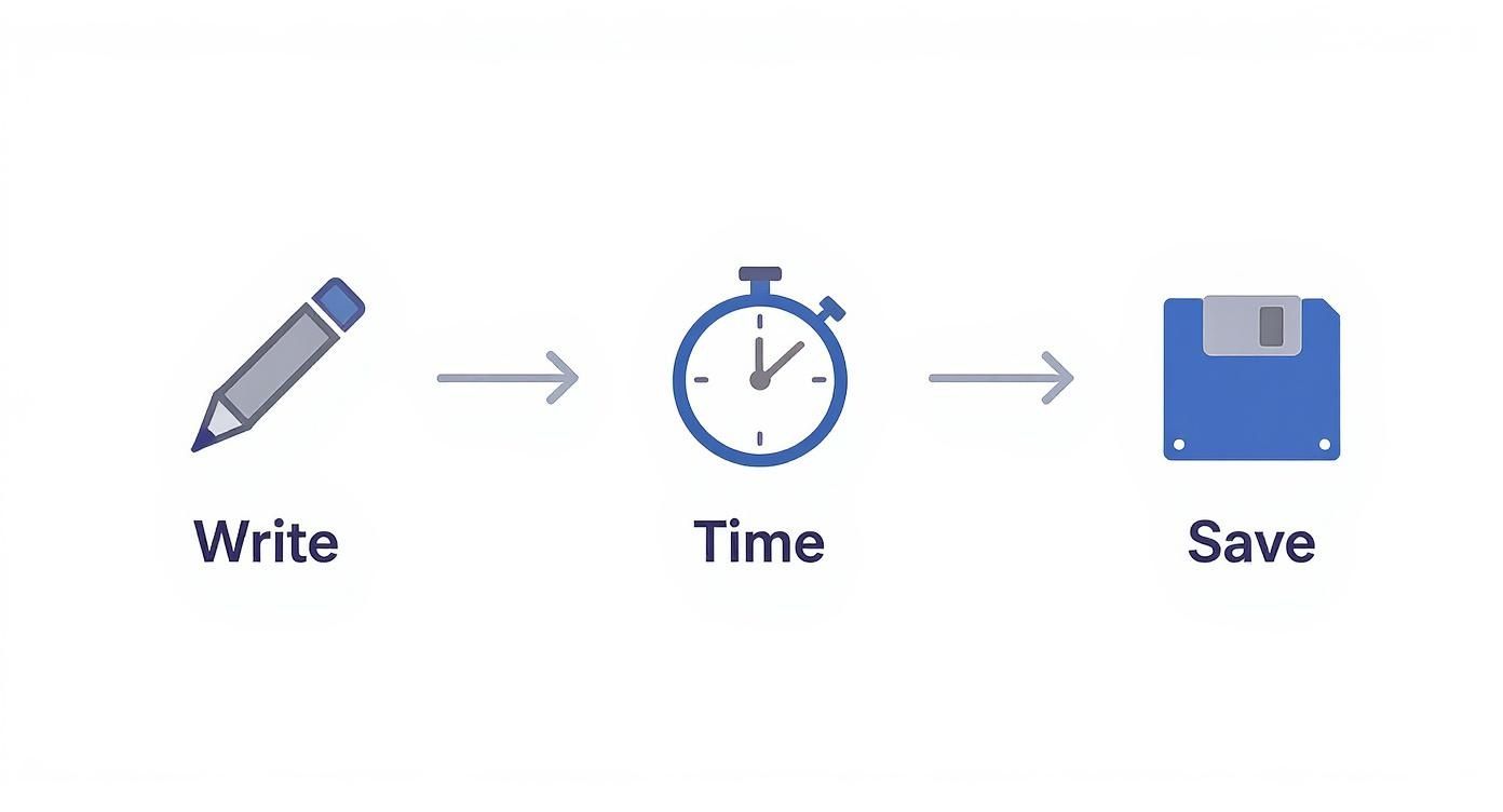 Infographic showing the manual process to create SRT files: Write, Time, Save.