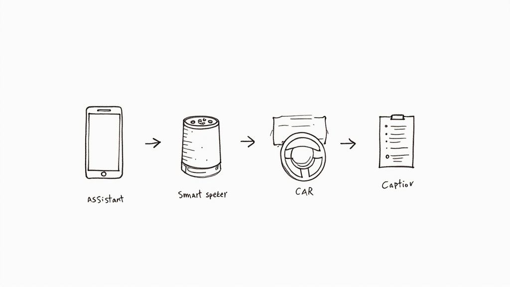 Diagram showing smart home automation flow from assistant through smart speaker and car to caption display