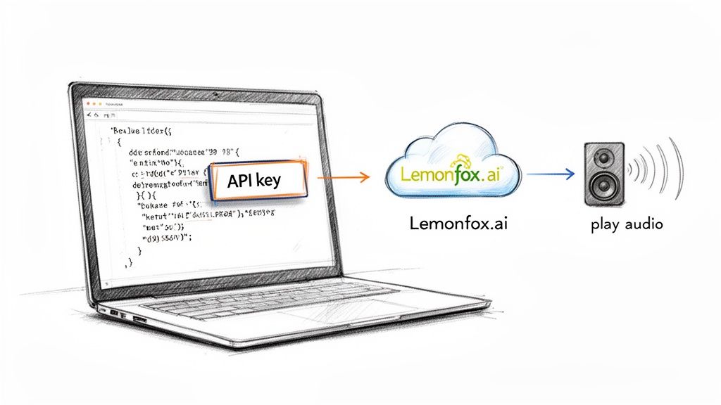 Diagram showing a laptop using an API key to send data to Lemonfox.ai cloud service for audio output.