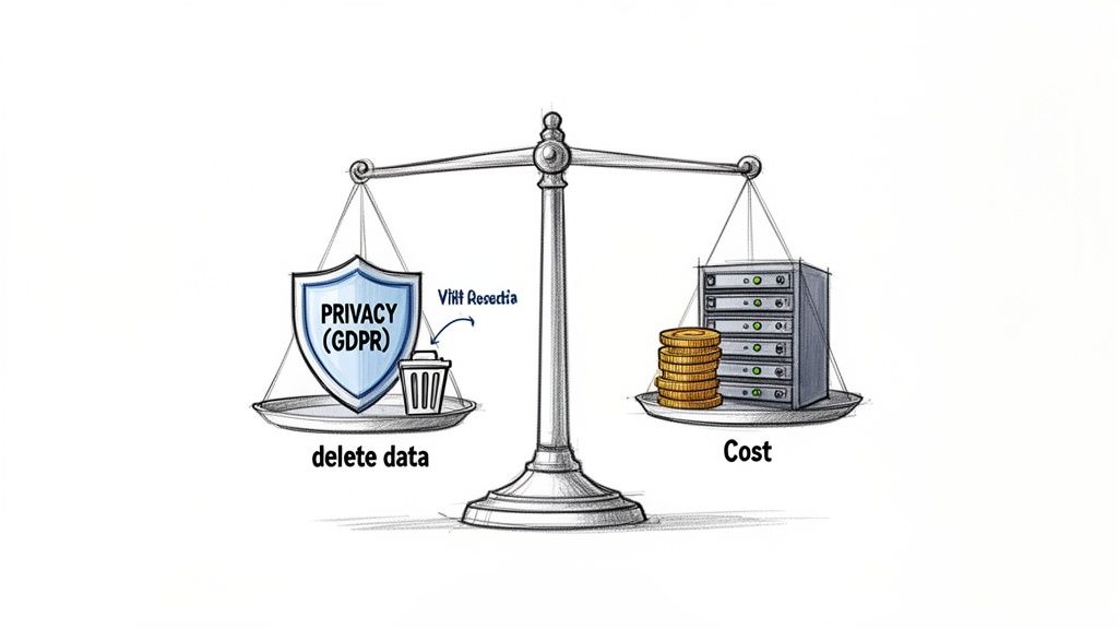 A sketch illustrating a balance scale where data privacy (GDPR) and deletion weigh against the cost of data storage.
