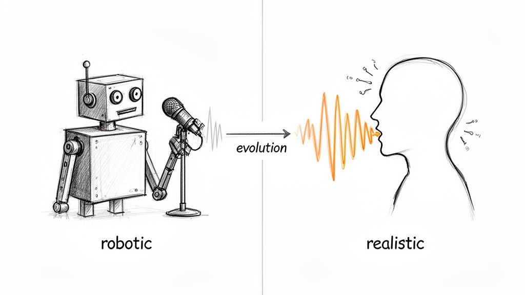 Illustration showing the evolution from robotic, mechanical speech to natural, realistic human speech.