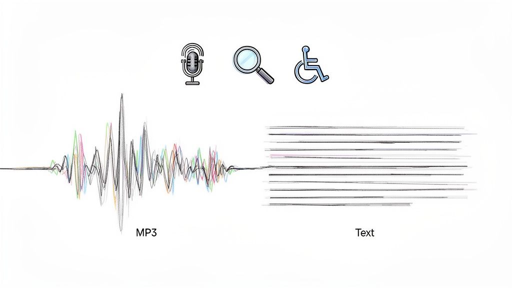 Image illustrating the process of converting MP3 audio to text, with icons for recording, searching, and accessibility.