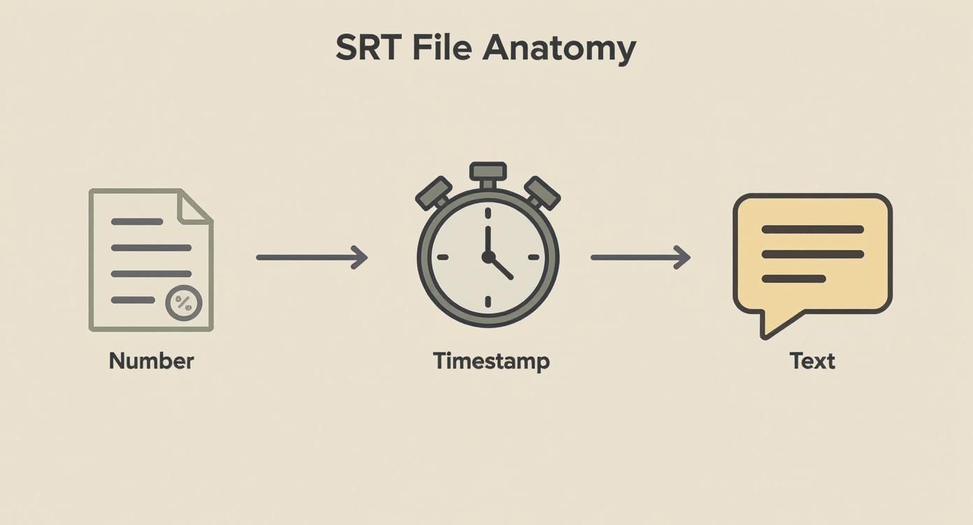 Diagram showing the anatomy of an SRT file, illustrating its sequential components: Number, Timestamp, and Text.