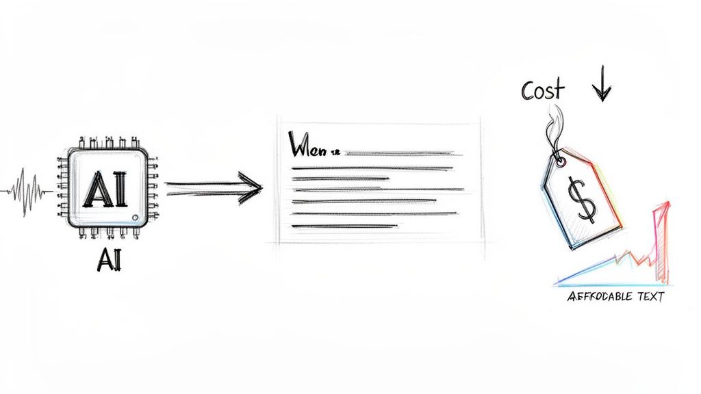 AI chip processes input to generate text, leading to reduced cost and more affordable text services.