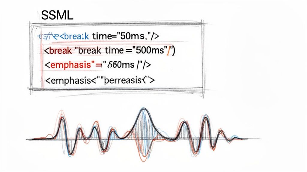 SSML code examples with break and emphasis tags, illustrating speech synthesis, alongside an audio waveform.