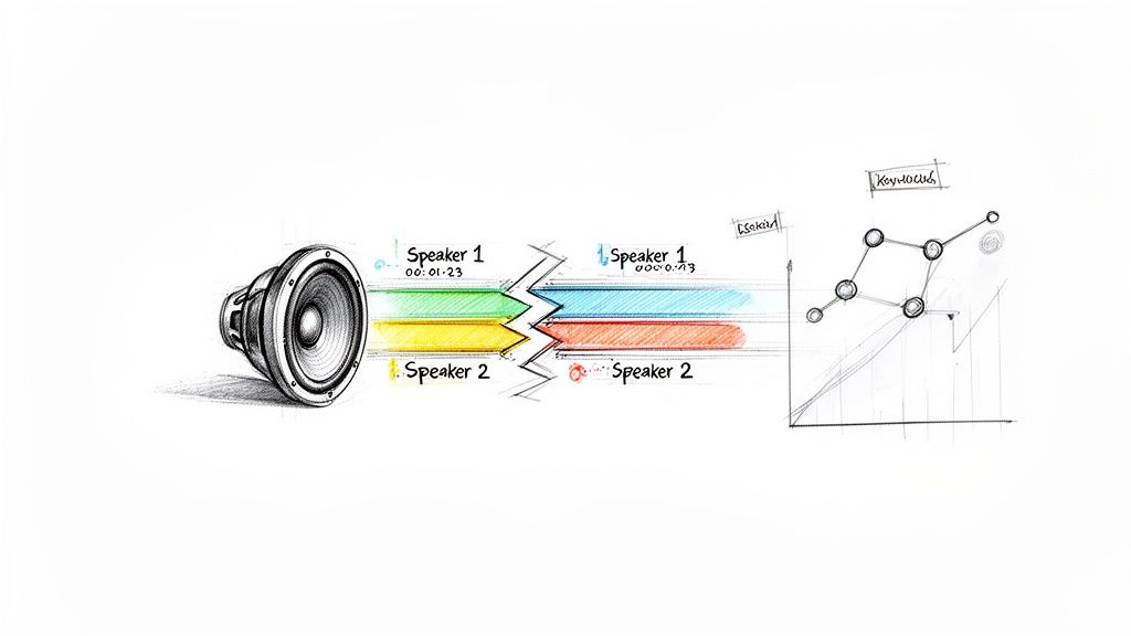 Illustration of audio transcription, showing speaker diarization, distinct audio tracks, and keyword analysis graph.