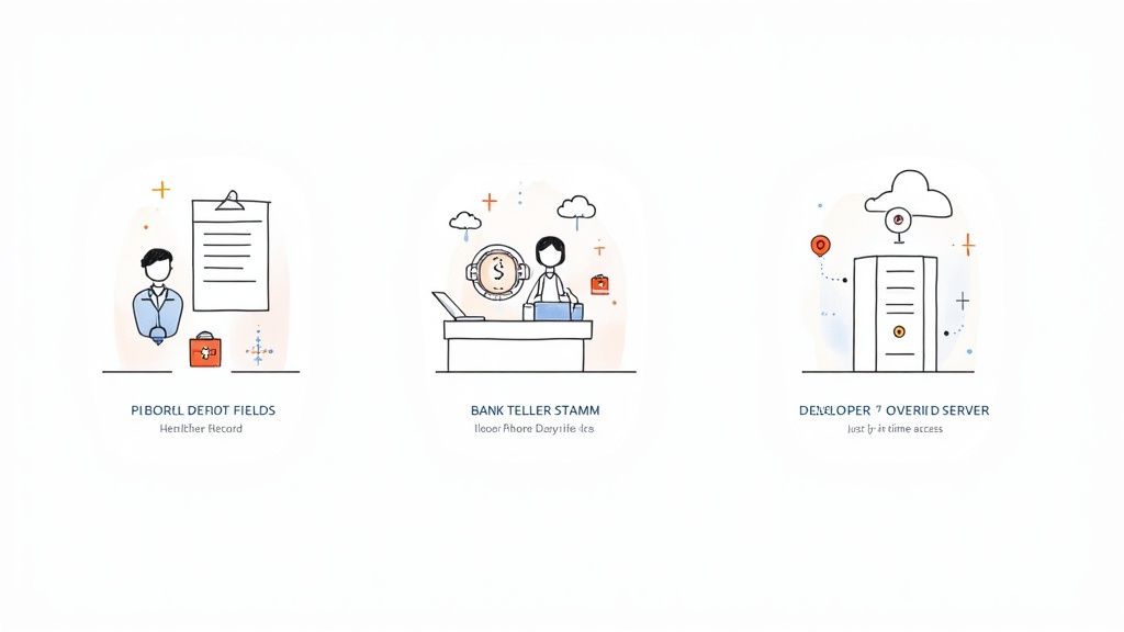 Illustrations showing various user roles, including healthcare, bank teller, and developer, accessing different systems.