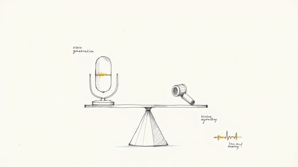 A hand-drawn conceptual drawing of a balance scale with a microphone on one side and a hairdryer on the other.