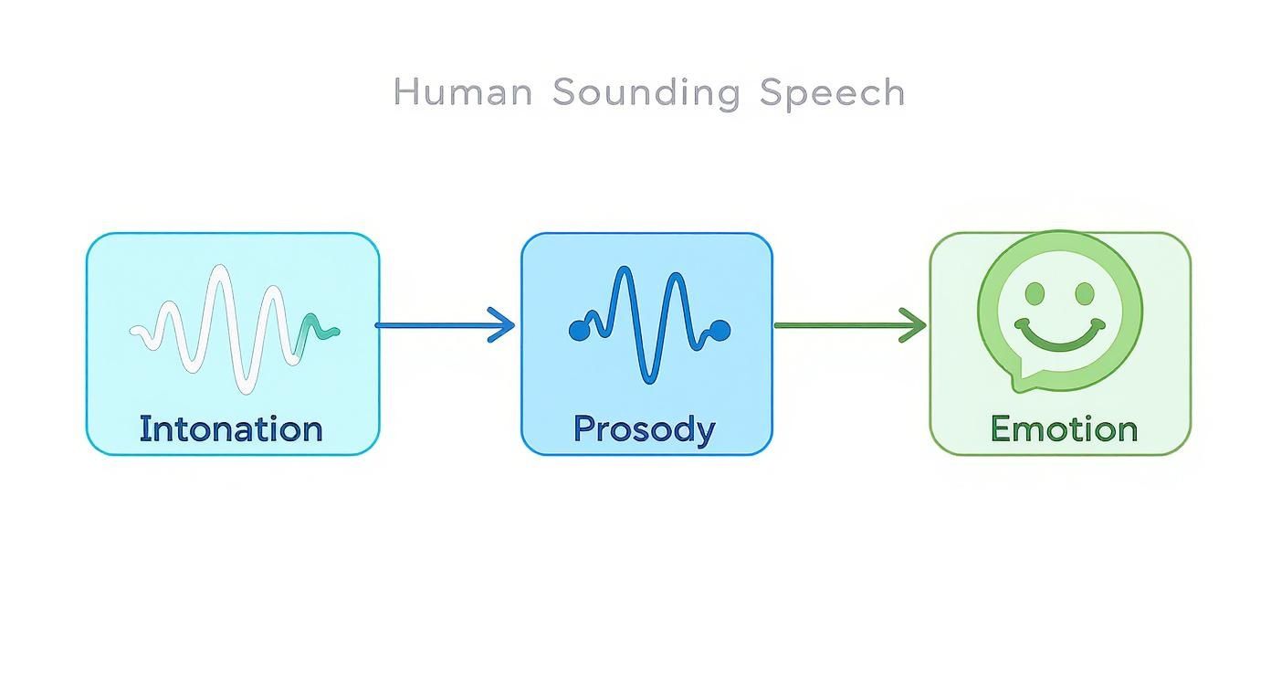 Diagram showing three components of human sounding speech: intonation, prosody, and emotion with waveforms and smiley icon