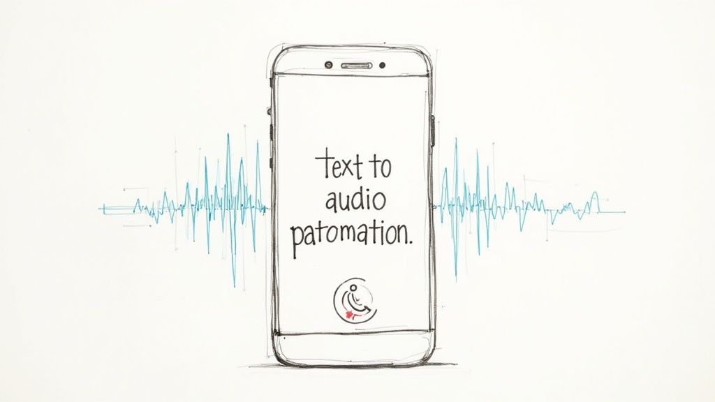 A smartphone displaying an app with text bubbles and an audio wave icon, symbolizing text to voice functionality.