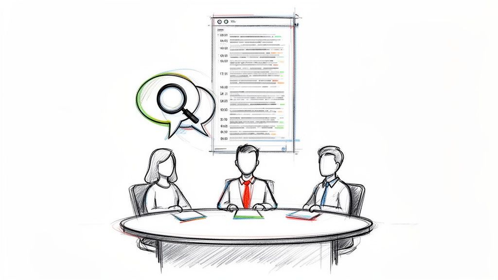 Three people in a meeting analyze data and communication, visualized with speech bubbles and a magnifying glass.