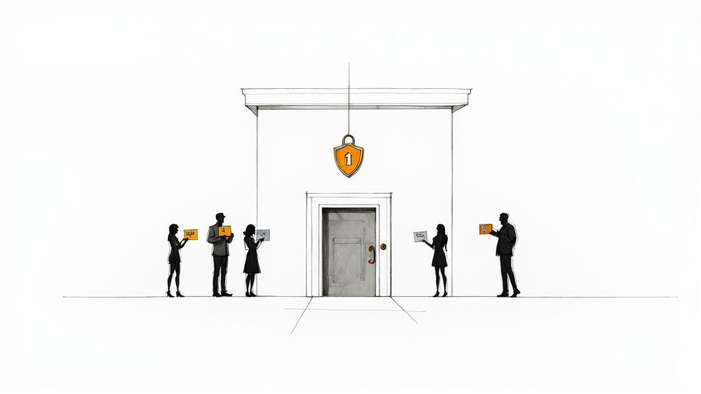 Illustration of people holding diverse signs waiting before a securely locked building.