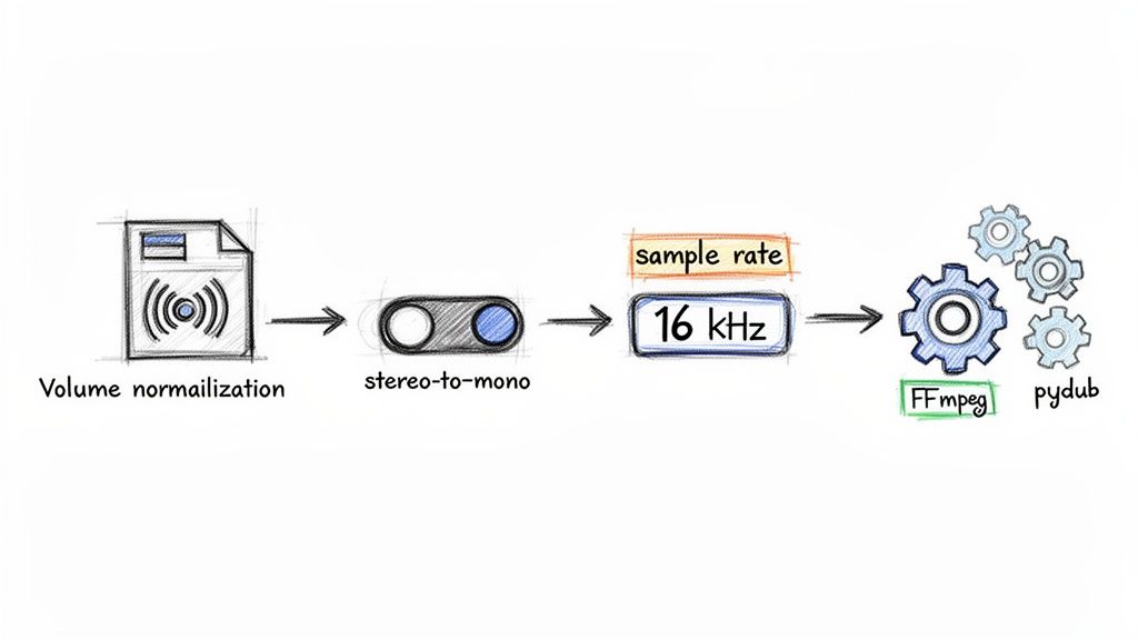 A diagram showing an audio processing workflow: volume normalization, stereo-to-mono conversion, setting a 16 kHz sample rate, utilizing FFmpeg and pydub tools.
