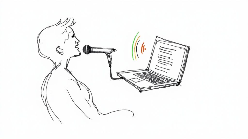A person speaking into a microphone connected to a laptop, symbolizing the use of speech-to-text software.