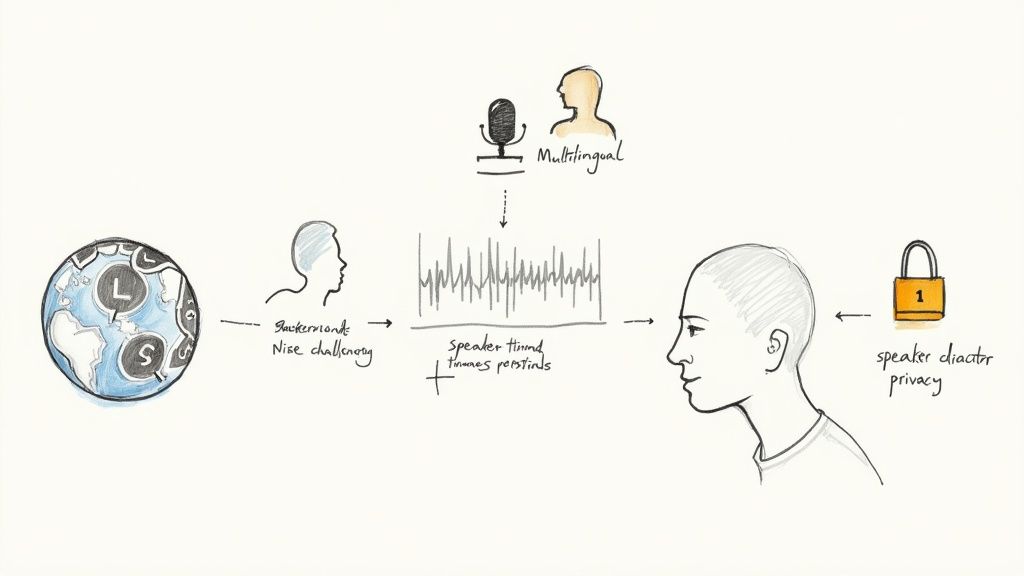A diagram illustrating multilingual speech processing, addressing background noise, speaker turns, and privacy concerns.