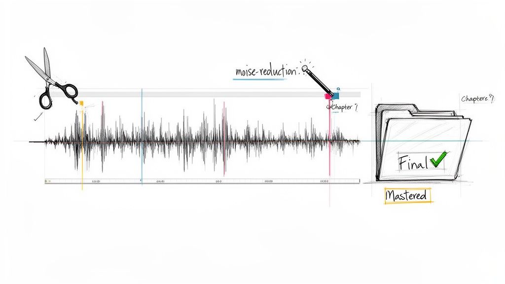 An audio waveform being edited, showing cuts with scissors, noise reduction, and final mastering into a chapter folder.