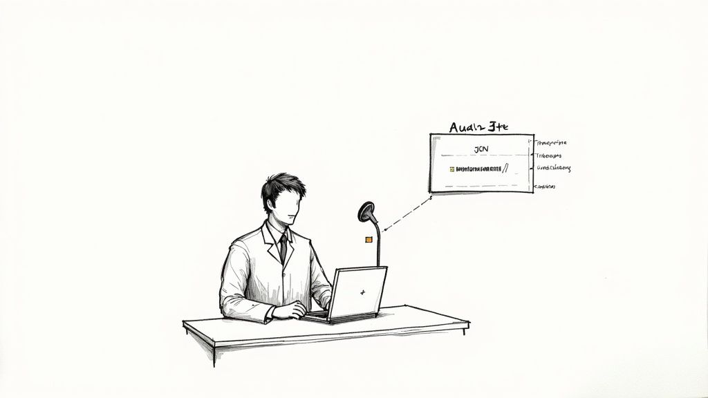 A developer examining code on a screen that displays audio waveforms and text output