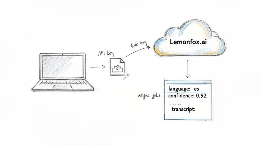 Diagram showing a laptop sending an API key and audio to Lemonfox.ai for language detection and transcription results.