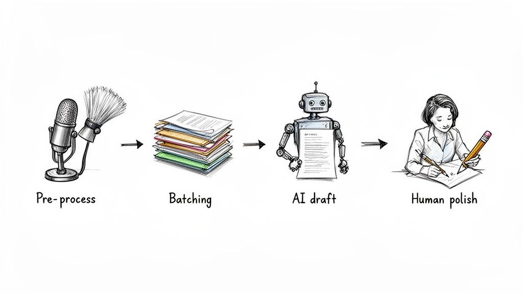 A four-step workflow depicting audio pre-processing, data batching, AI drafting a document, and human polishing.