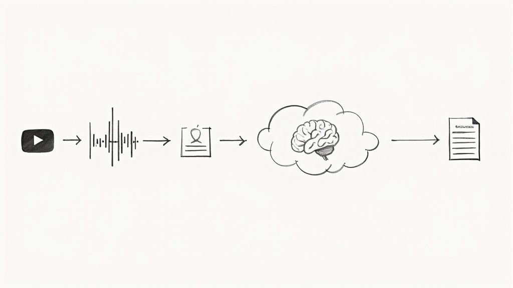 An illustration showing a computer screen with code and audio waves, representing the creation of an AI transcription tool.