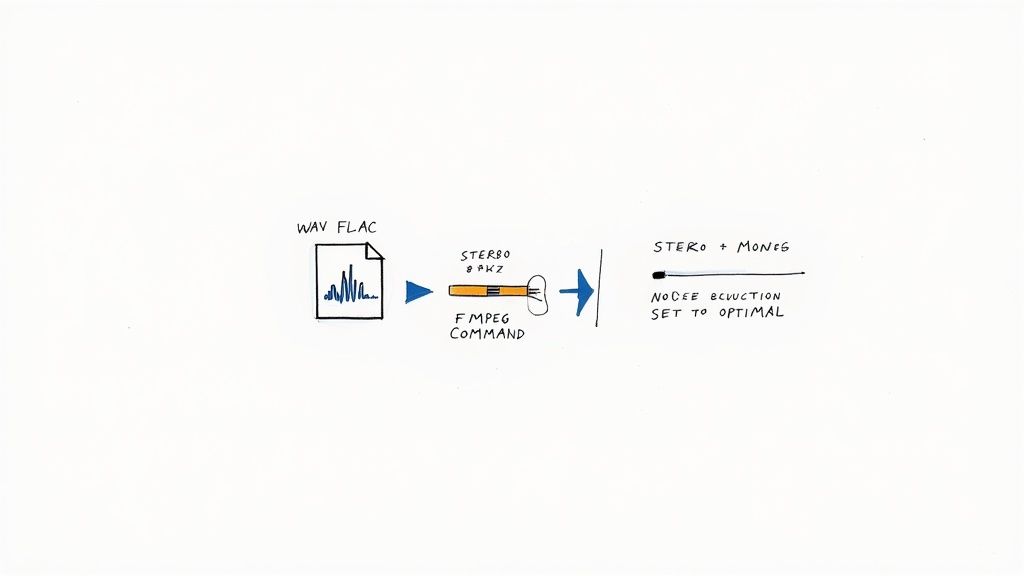 Diagram illustrating audio processing workflow from WAV/FLAC input to optimized stereo/mono output with noise reduction.