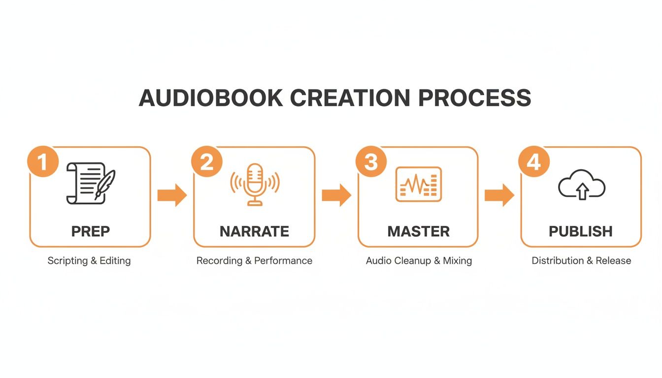 A visual infographic detailing the 4-step audiobook creation process: prep, narrate, master, and publish.