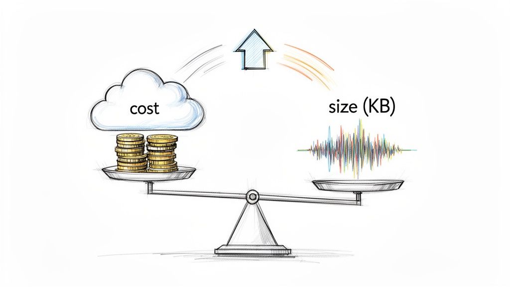 Balance scale compares cloud cost (coins) to audio file size (waveform), illustrating optimization.