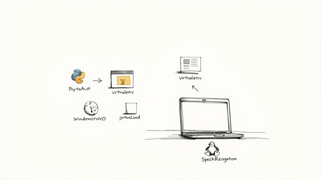 Diagram illustrating a Python and virtual environment system for speech recognition on a laptop.