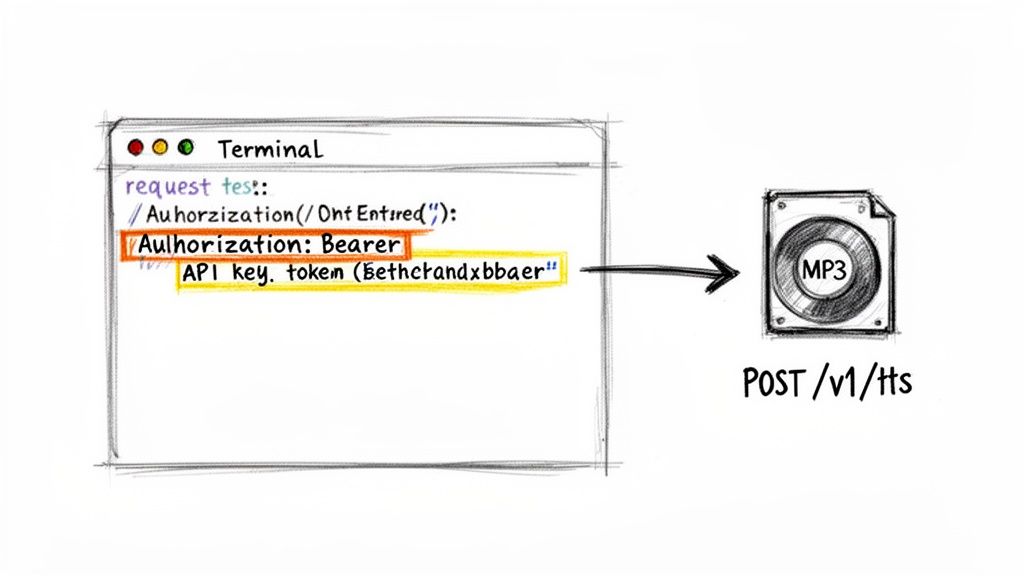 Diagram showing terminal API call with Authorization header and API key generating an MP3 file.