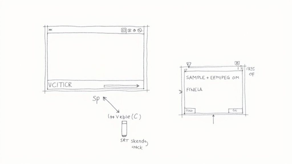 A person editing subtitles on a computer screen, with video playback in the background