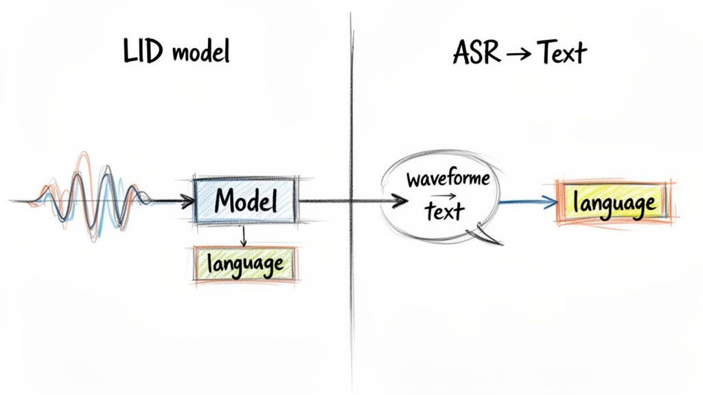 Diagram showing an audio waveform processed by a LID model for language detection and an ASR model for text transcription.