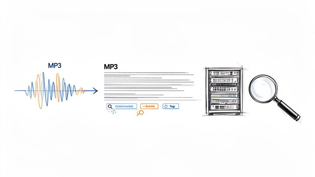 Diagram illustrating MP3 audio waves converting to searchable text stored in a server.