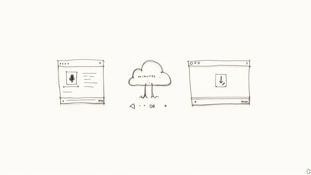 A sketch illustrating the flow from audio input and 'MINUTE' cloud processing to file download.