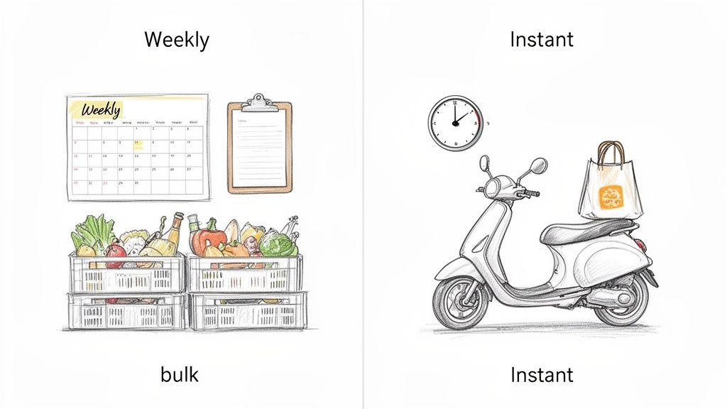Two panels illustrate weekly bulk grocery shopping with a calendar and crates, versus instant delivery by scooter.