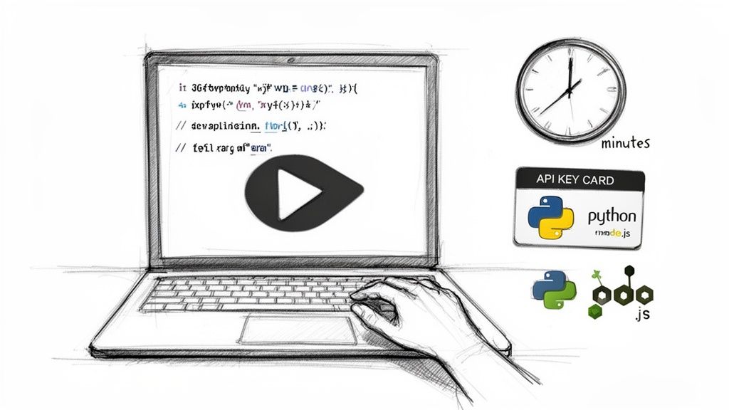 Sketch showing laptop with code, play button, hands typing, clock, API key card for Python and Node.js.