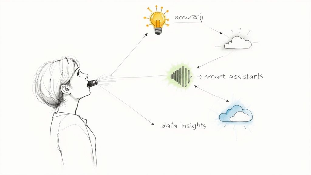 A person speaks into a microphone, illustrating speech input leading to smart assistants and data insights.