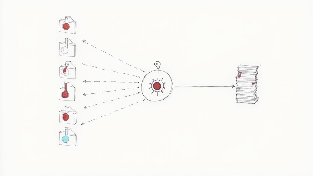 A person's hands typing on a laptop, with a complex workflow diagram visible on a secondary monitor, illustrating advanced processes.