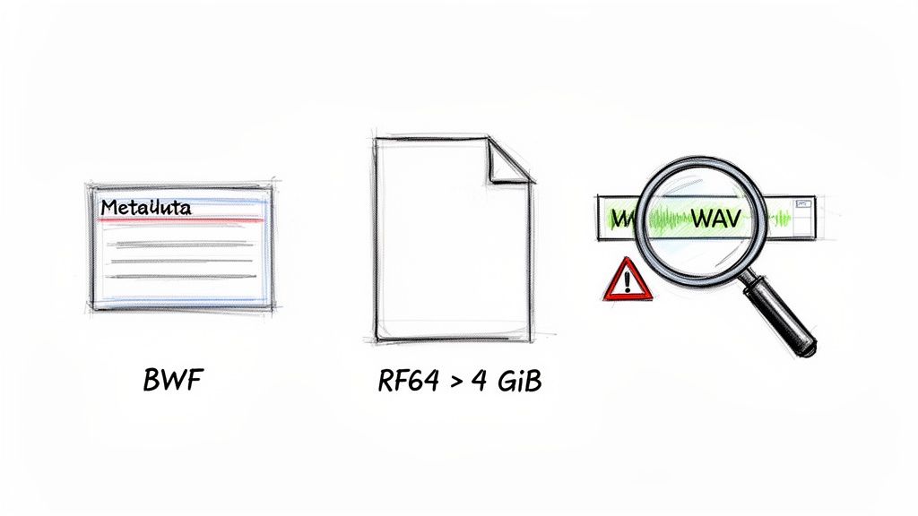 Illustration of audio file formats: BWF with metadata, RF64 for large files, and a warning for WAV files.