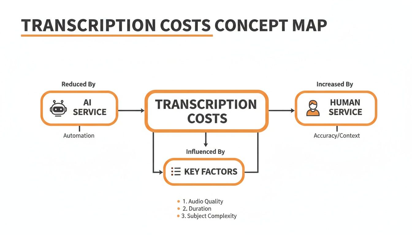 A concept map showing how transcription costs are reduced by AI service, increased by human service, and influenced by key factors like audio quality, duration, and subject complexity.