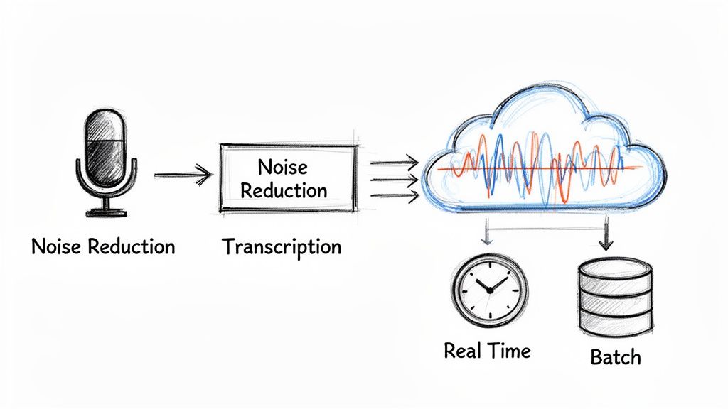 Diagram illustrating audio input, noise reduction, transcription, cloud processing for real-time and batch output.
