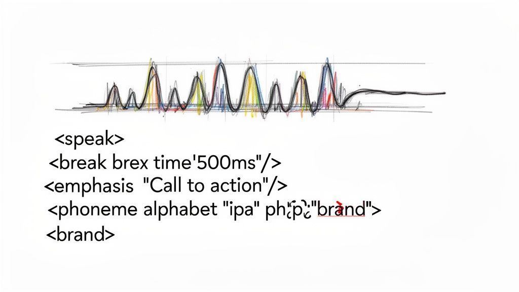 A hand-drawn sound wave graphic with SSML-like code for speech synthesis, including break and phoneme tags.