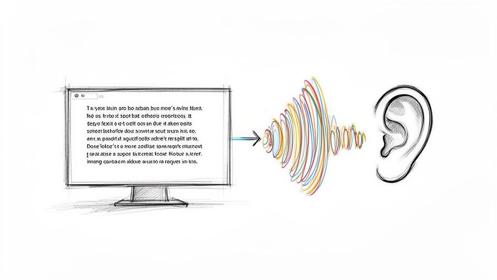 A sketch illustrating speech synthesis: text on a monitor transforms into colorful sound waves reaching an ear.