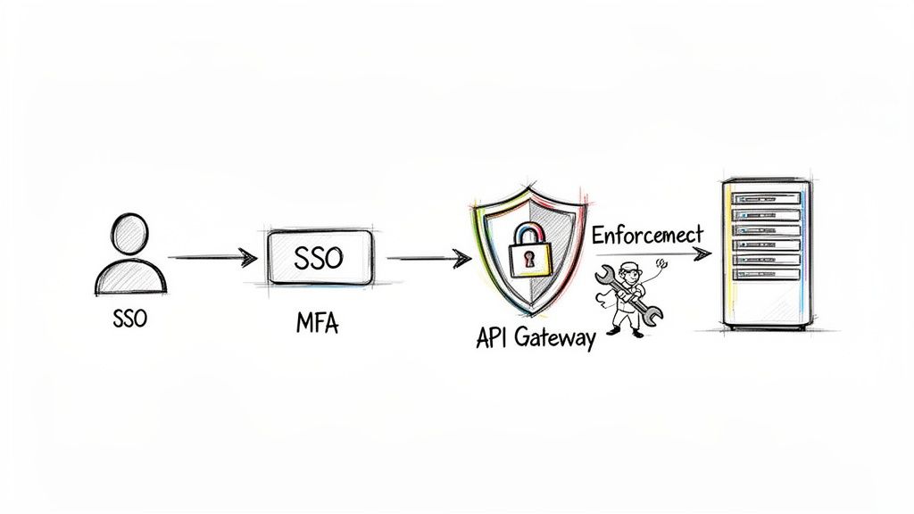 Diagram illustrates secure access flow: SSO user, MFA, API Gateway with enforcement, to server.