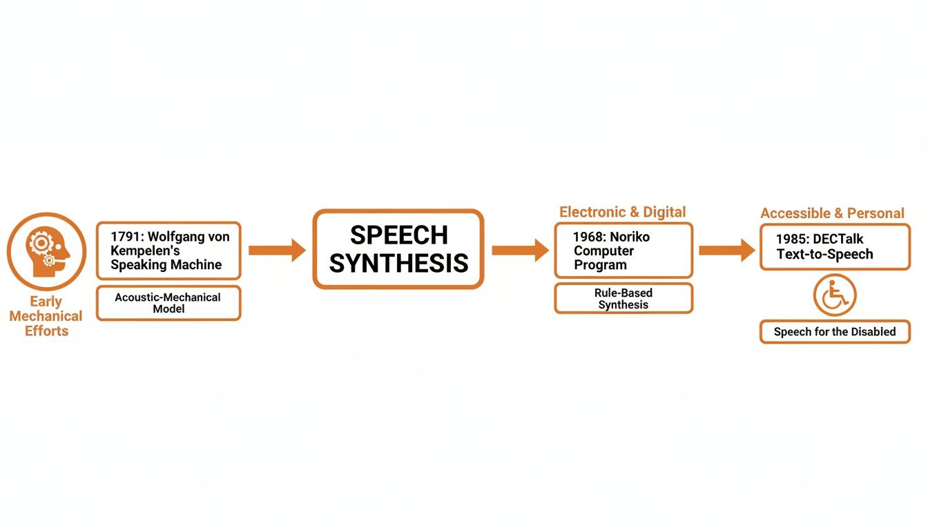 Timeline of speech synthesis evolution, showing key milestones from mechanical efforts to digital text-to-speech.