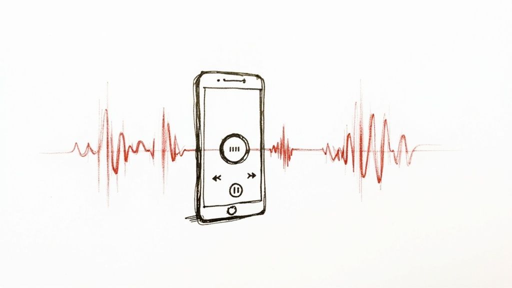 A person wearing headphones and interacting with a smartphone, symbolizing audio playback management in an app.
